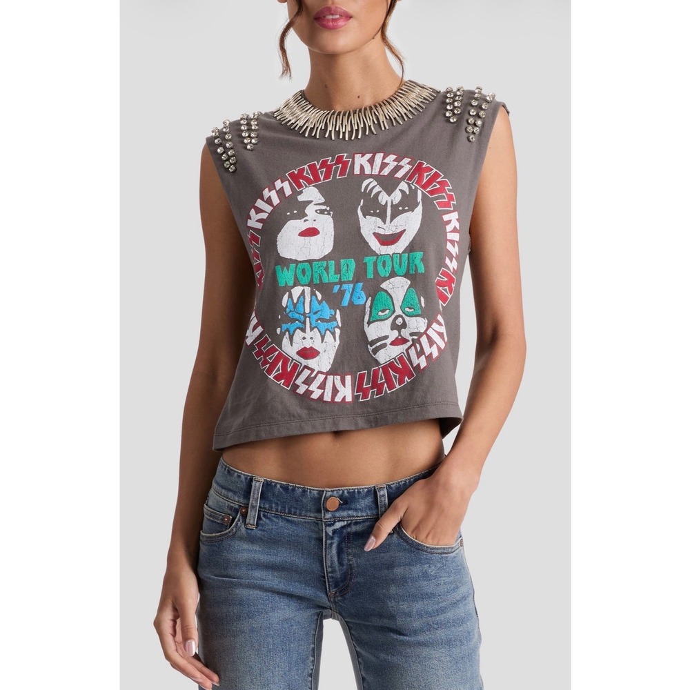 Alice + Olivia Jeans Micah Embellished Graphic Muscle Tee. XSmall
